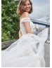 Off Shoulder Beaded Ivory Lace Tulle Sparkling Wedding Dress